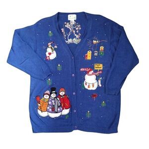 VTG Blue Christmas Snowmen Patches Button Up Knit Cardigan Plussize 1X